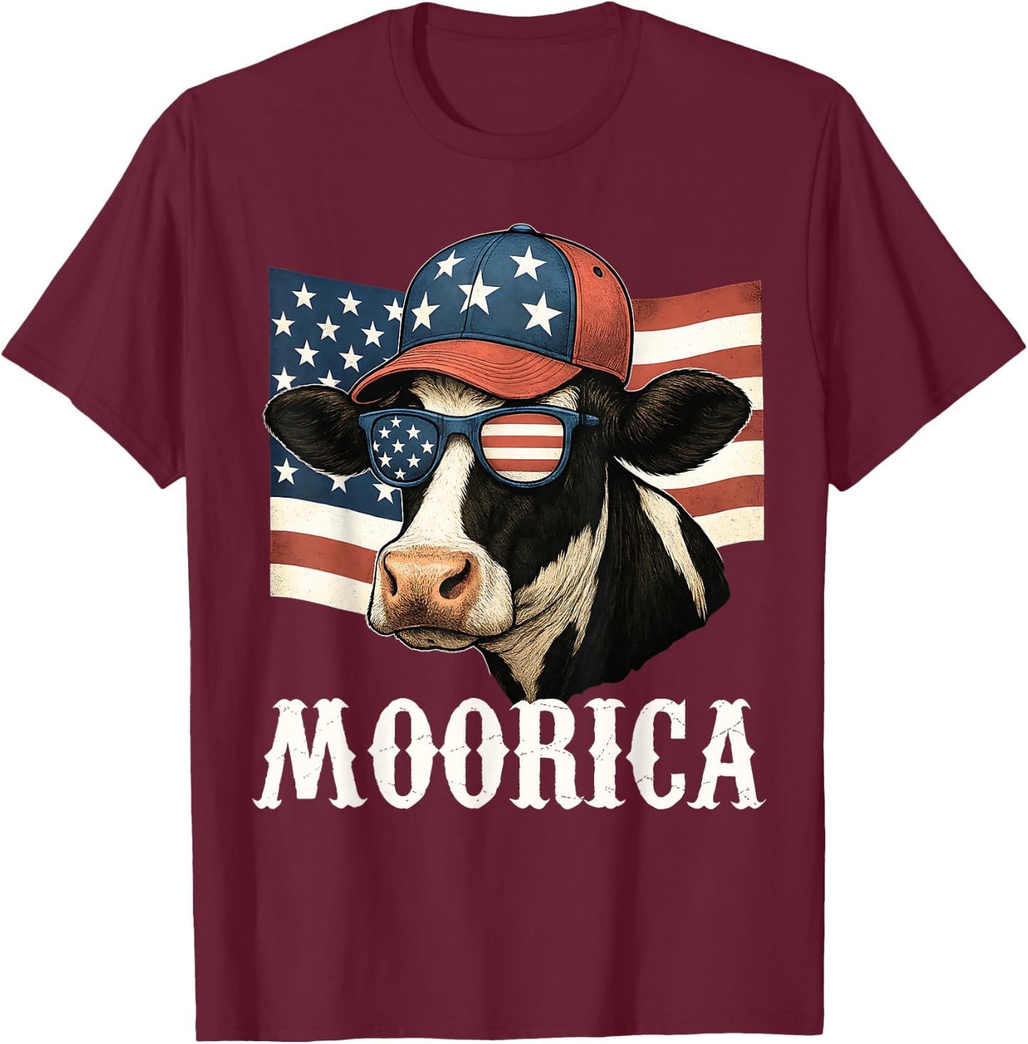 Funny Moorica 4th Of July Patriotic Cow USA Flag Farmer T-Shirt - T-Shirt | Maroon