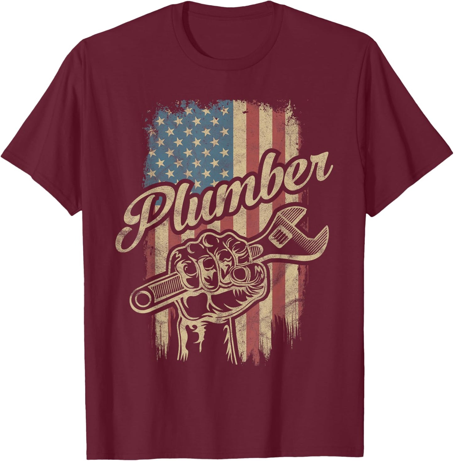Plumber American Flag Plumbing Gift Pipe Wrench Patriotic T-Shirt - T-Shirt | Maroon