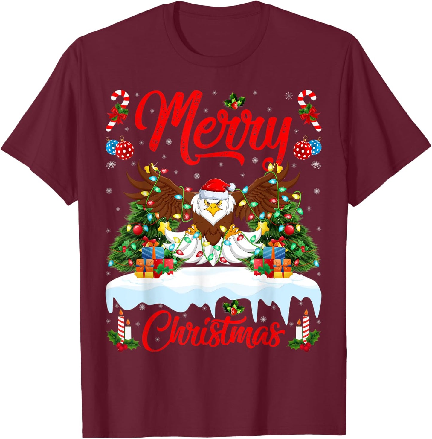 Bald Eagle Lover Xmas Lighting Santa Bald Eagle Christmas T-Shirt - T-Shirt | Maroon