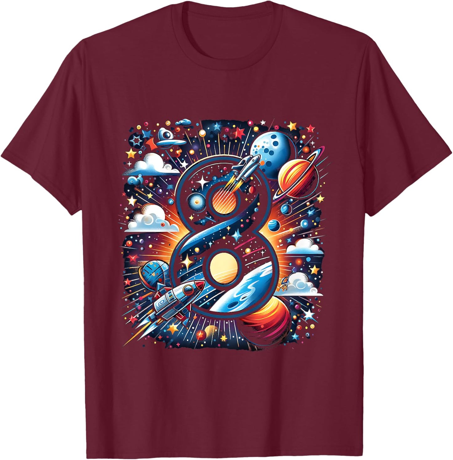 Kids Astronaut 8th Birthday Space Boys 8 Years Spaceship T-Shirt - T-Shirt | Maroon