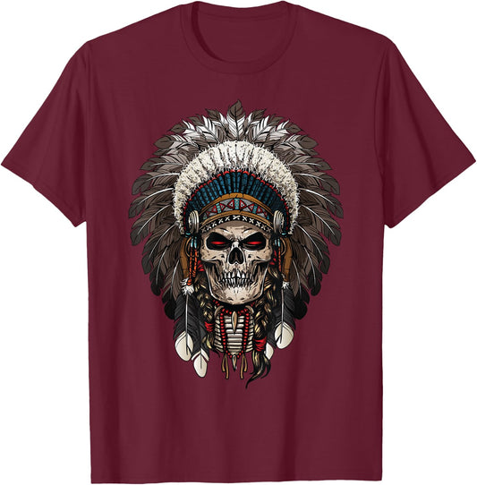 skull Chief Indian Tribal Headdre gifts for lover Indigenous T-Shirt - T-Shirt | Maroon