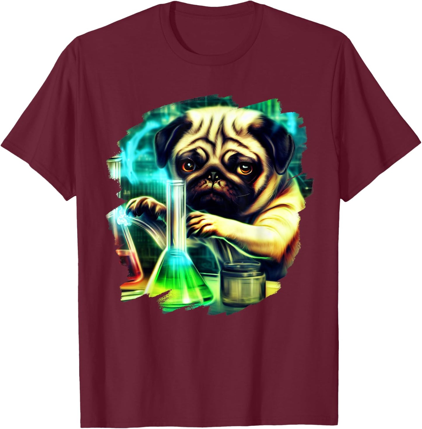 Pug Mad Scientist Dog Mixing Chemicals Chemistry Science T-Shirt - T-Shirt | Maroon