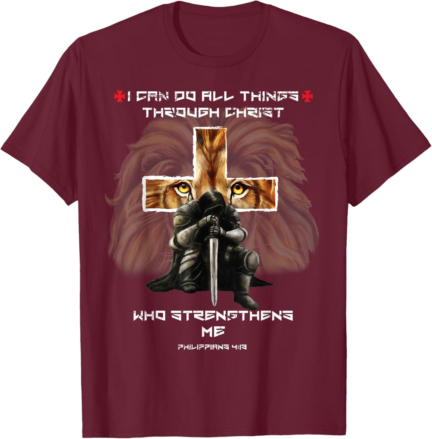 Philippians 4:13 Christian Verse Gift Lion Cross Men Husband T-Shirt - T-Shirt | Maroon