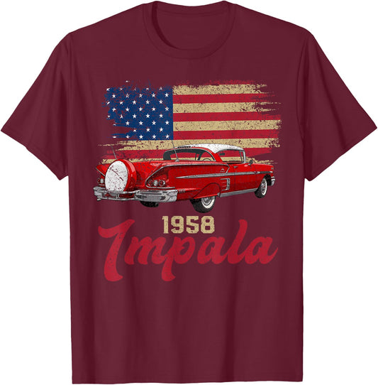 1958 58 Impala Old School Muscle Car American Flag T-Shirt - T-Shirt | Maroon