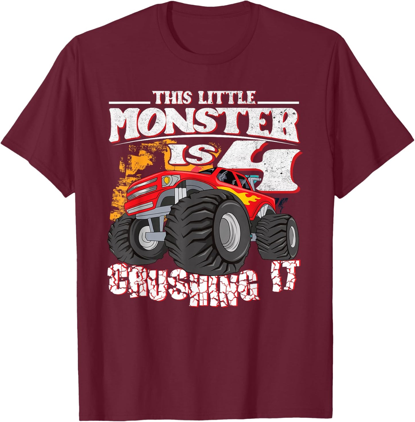 4th Birthday Kids This Little Monster Truck T-Shirt - T-Shirt | Maroon