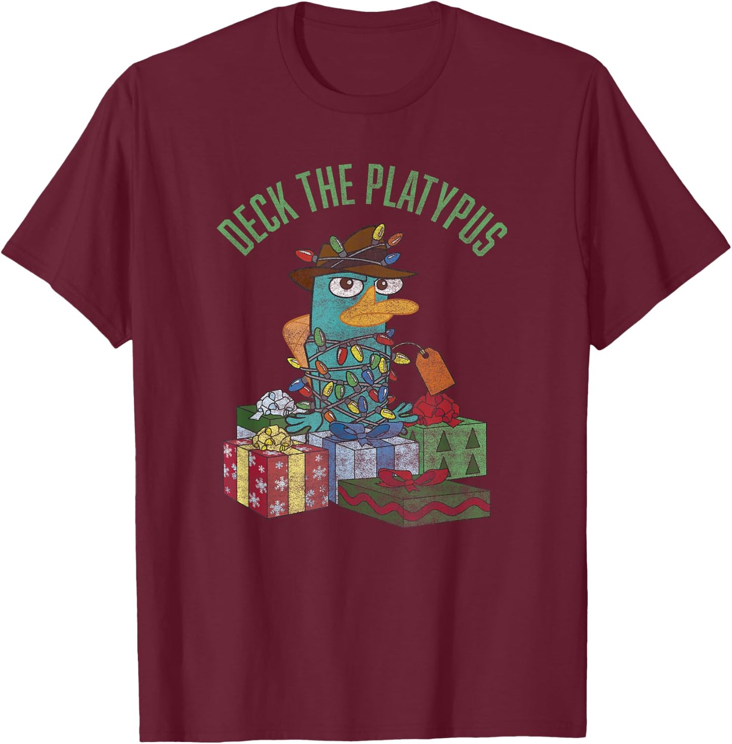 Disney Phineas and Ferb Christmas Perry Deck The Platypus T-Shirt - T-Shirt | Maroon