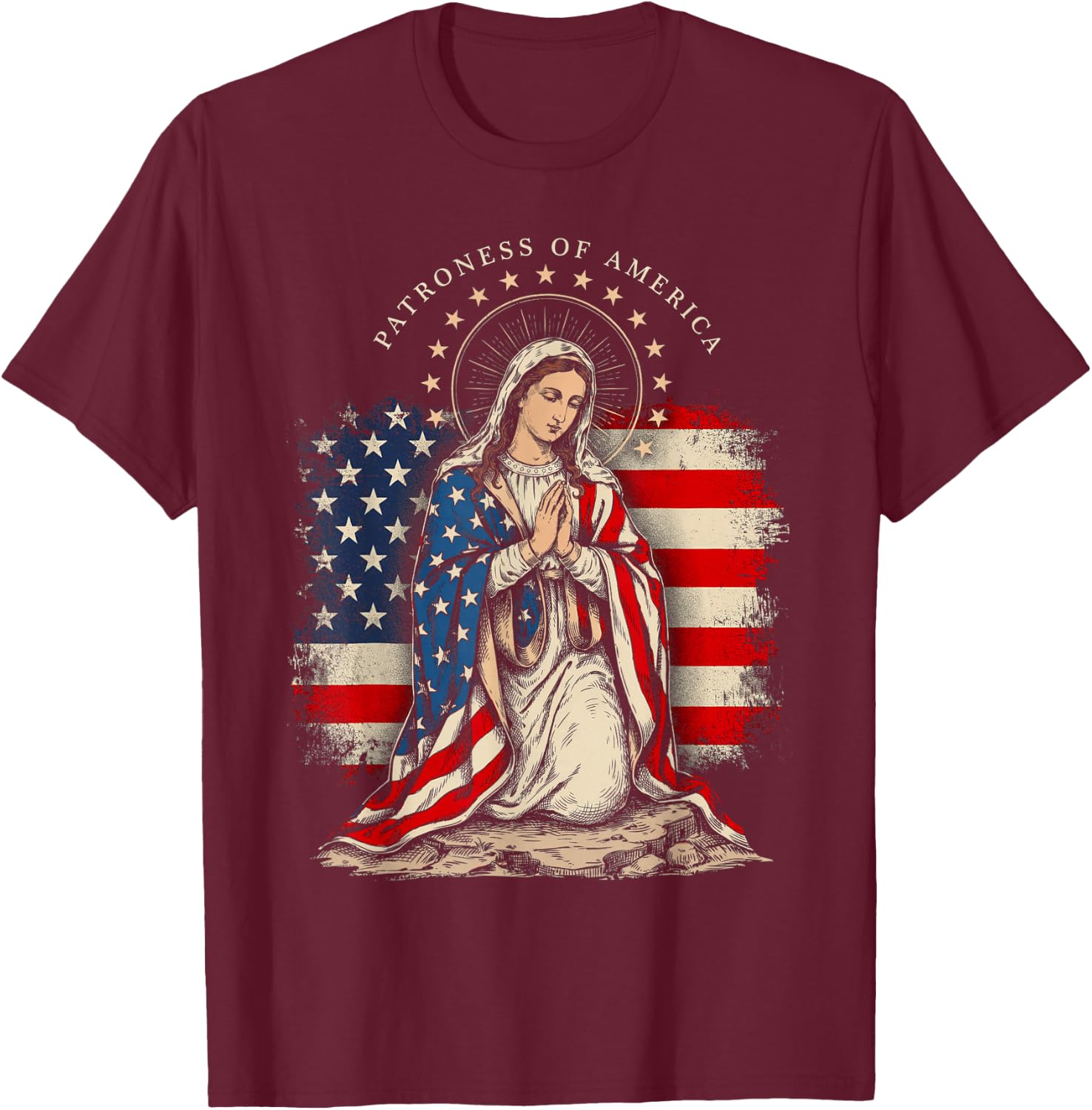 Patroness of The USA Blessed Virgin Mary Catholic Art T-Shirt - T-Shirt | Maroon