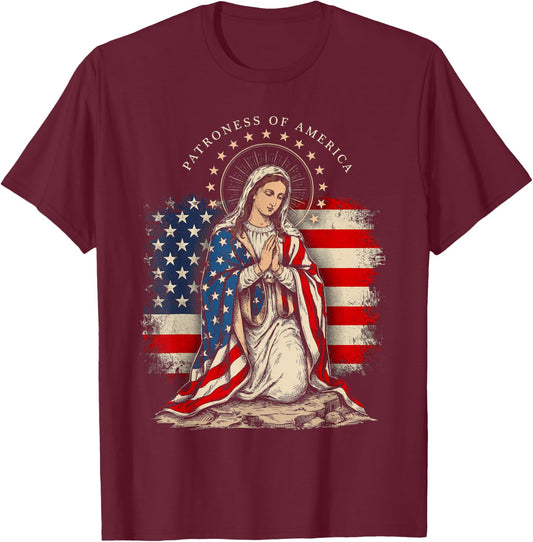 Patroness of The USA Blessed Virgin Mary Catholic Art T-Shirt - T-Shirt | Maroon