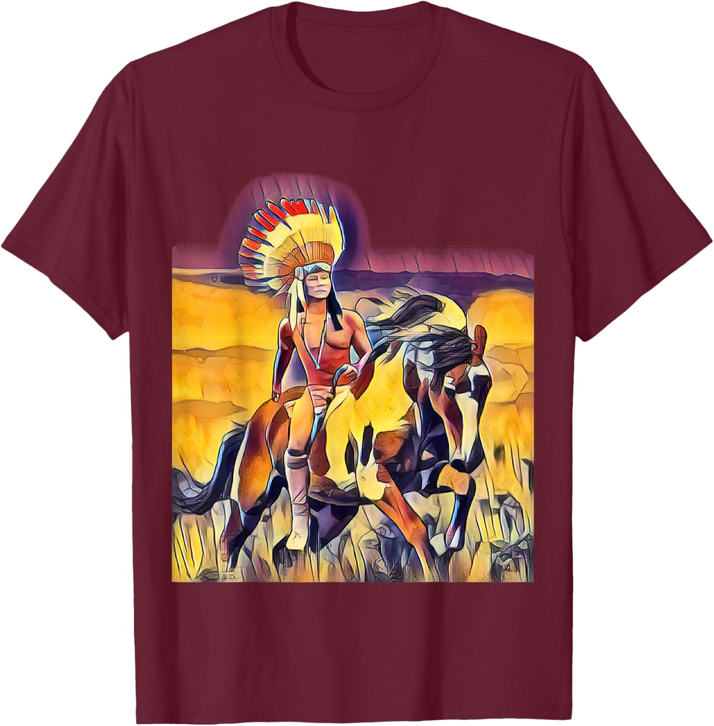 Native American Chief on a Horse T-Shirt - T-Shirt | Maroon