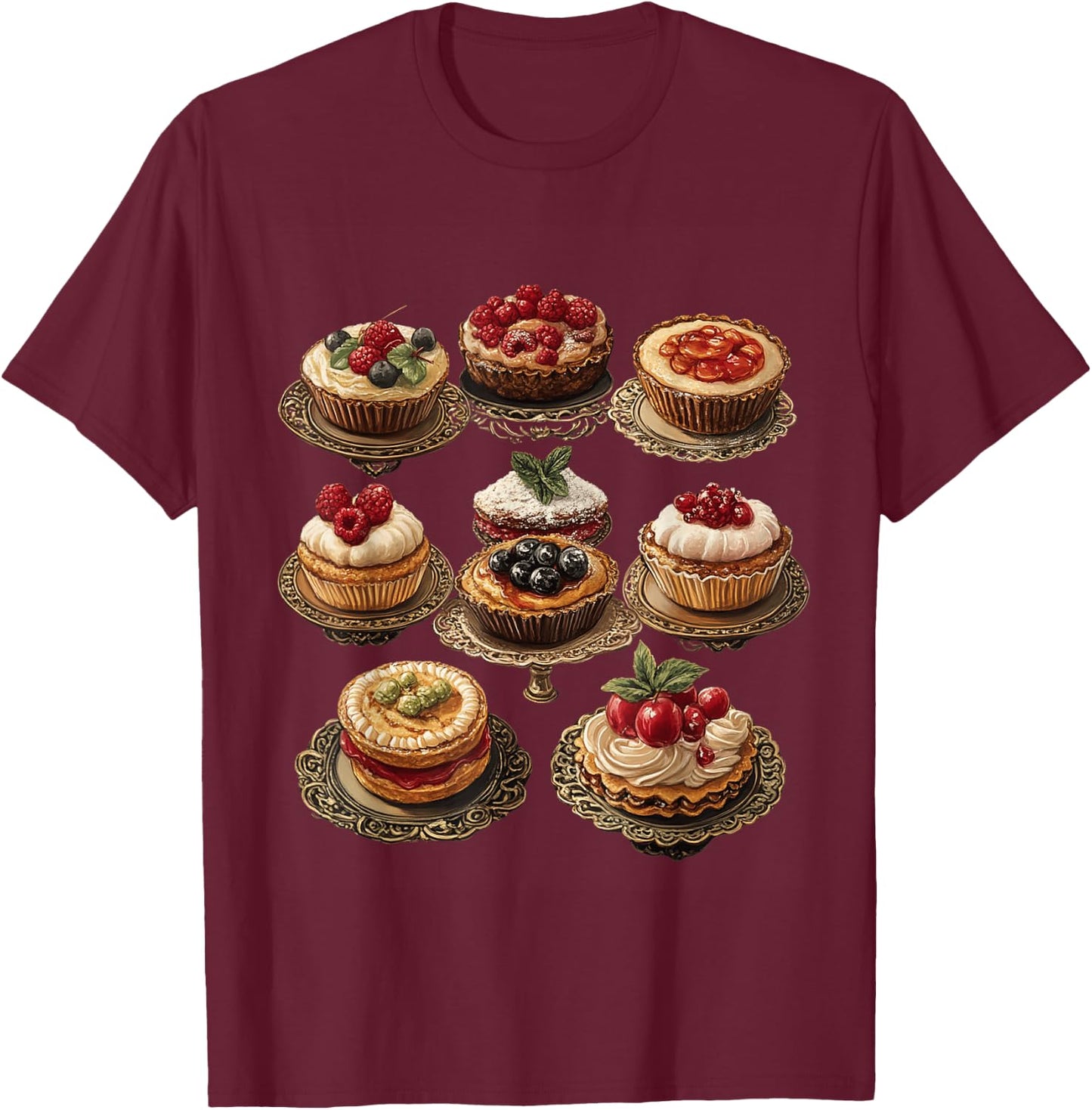 Illustrated Pastries and Desserts Collection T-Shirt - T-Shirt | Maroon