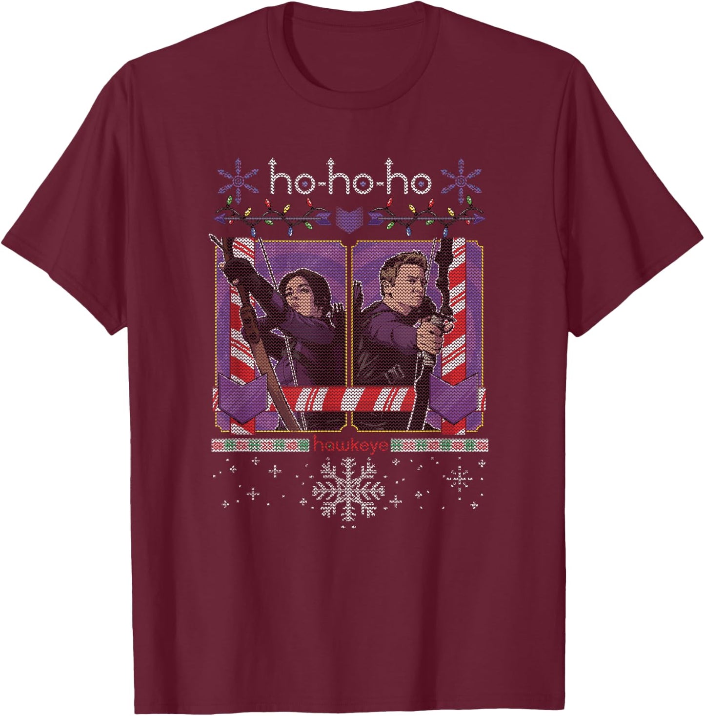 Marvel Hawkeye Ho-Ho-Ho Hawkeye And Kate Ugly Christmas T-Shirt - T-Shirt | Maroon