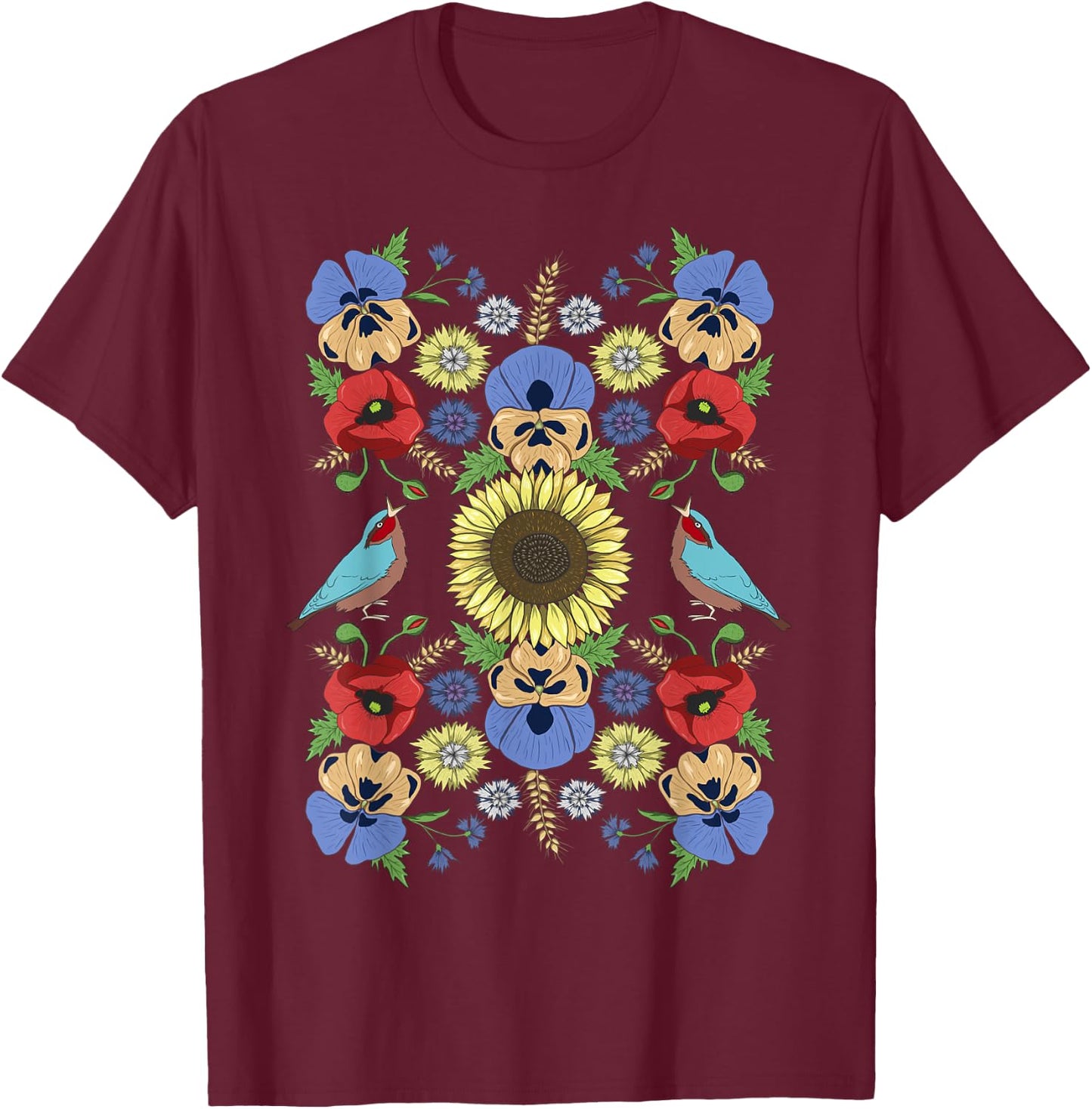 Ukraine Birds Sunflower Cute Floral Ukrainian Vyshyvanka T-Shirt - T-Shirt | Maroon