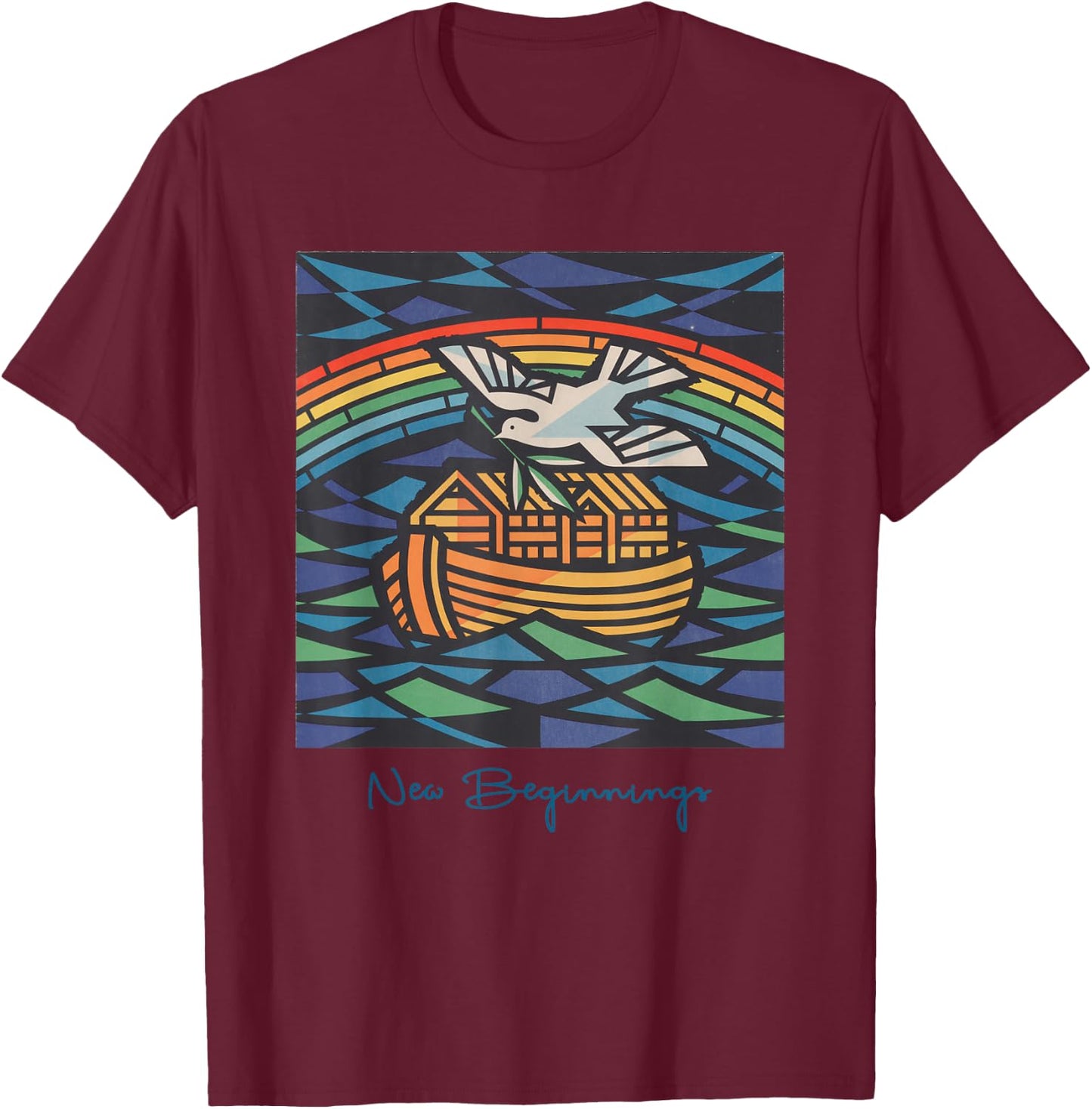 New Beginnings 1955 Noah's Ark Dove of Peace Rainbow Art T-Shirt - T-Shirt | Maroon