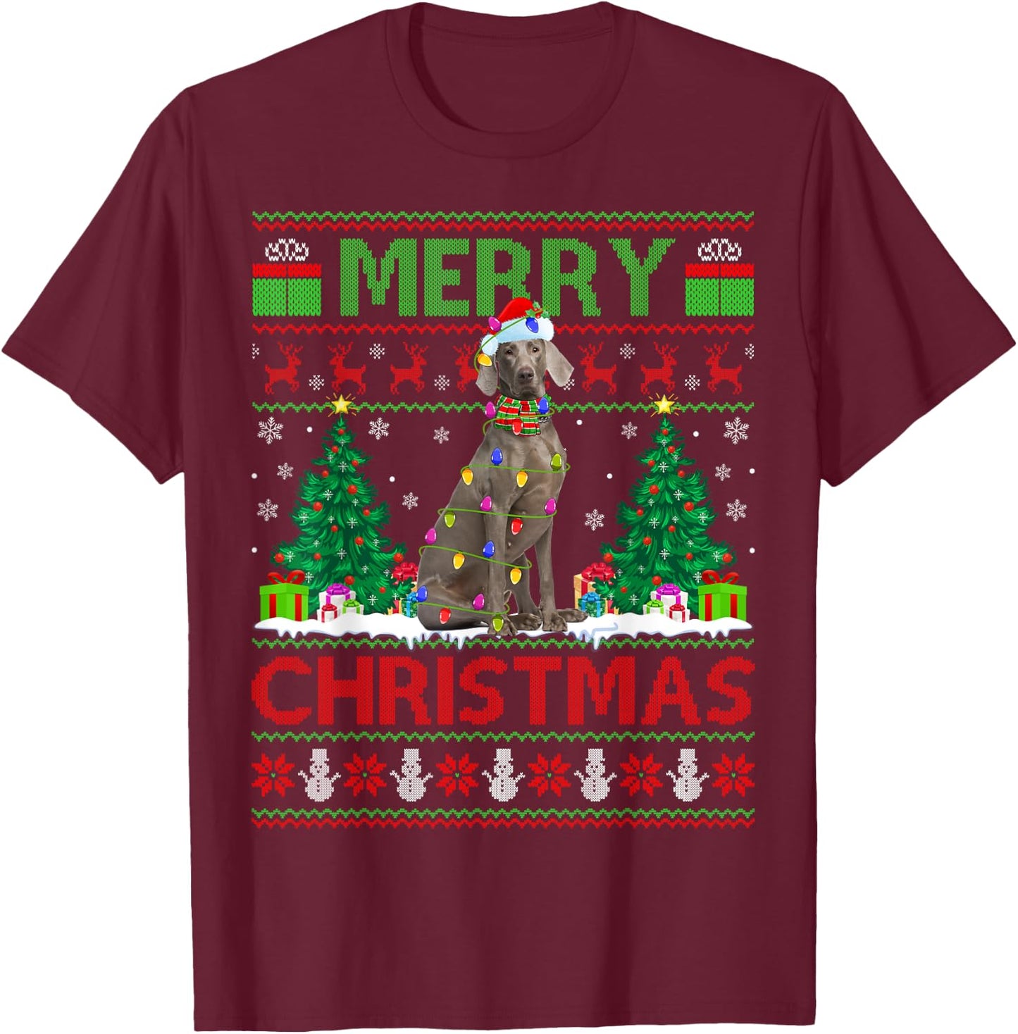 Weimaraner Dog Lover Xmas Lighting Ugly Weimaraner Christmas Women Kids T-Shirt - T-Shirt | Maroon