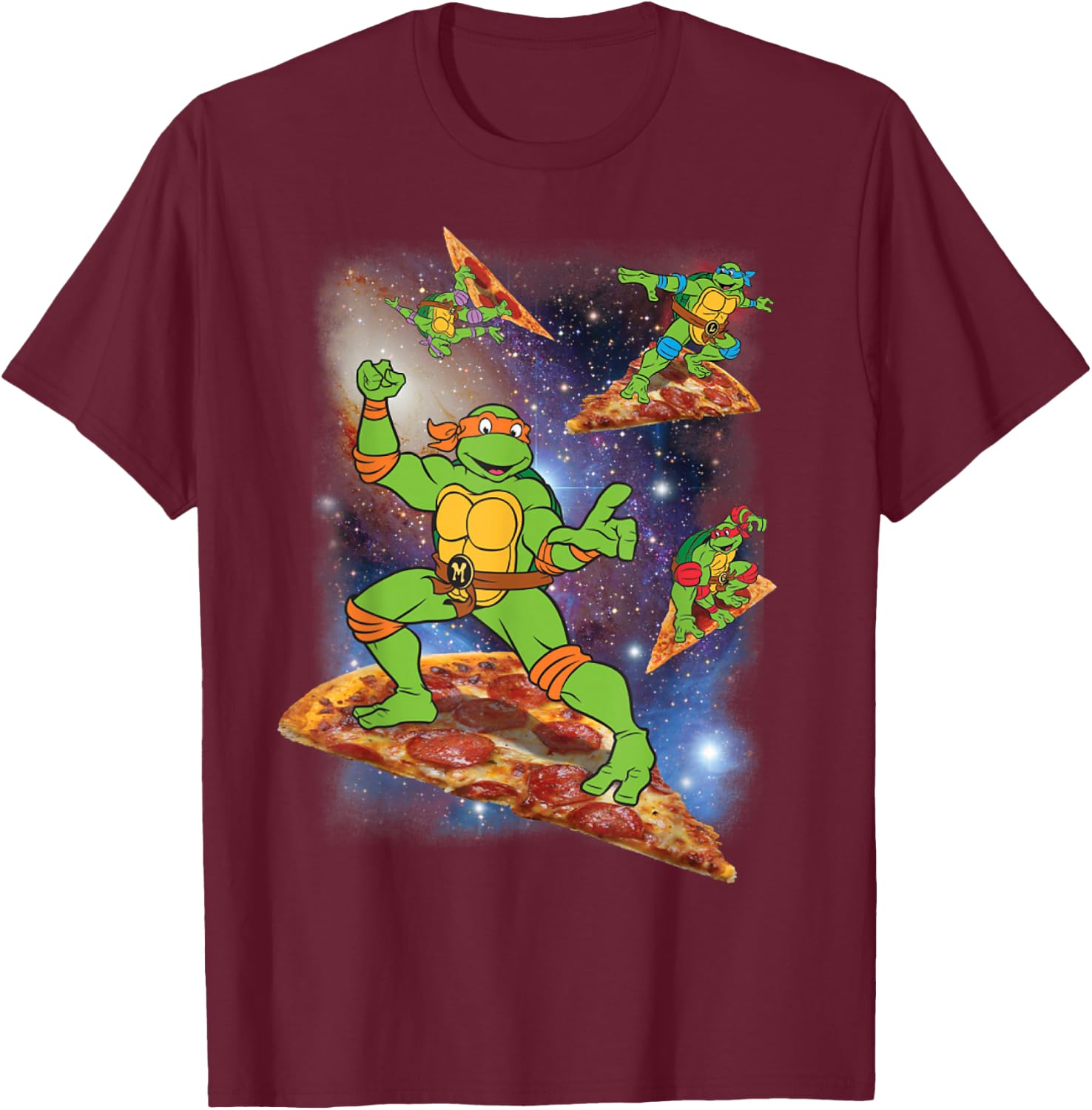 TMNT Michelangelo Riding A Pizza in Space T-Shirt - T-Shirt | Maroon