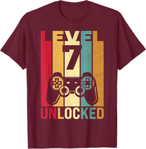 Seven 7yr 7 Birthday Boy Son Funny Gamer 7th Years Old T-Shirt - T-Shirt | Maroon