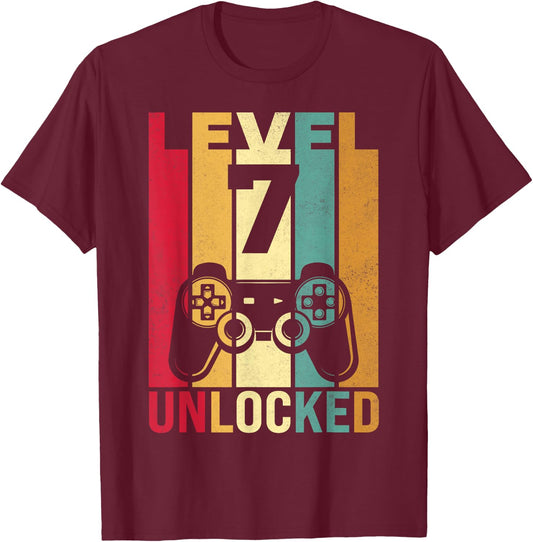 Seven 7yr 7 Birthday Boy Son Funny Gamer 7th Years Old T-Shirt - T-Shirt | Maroon