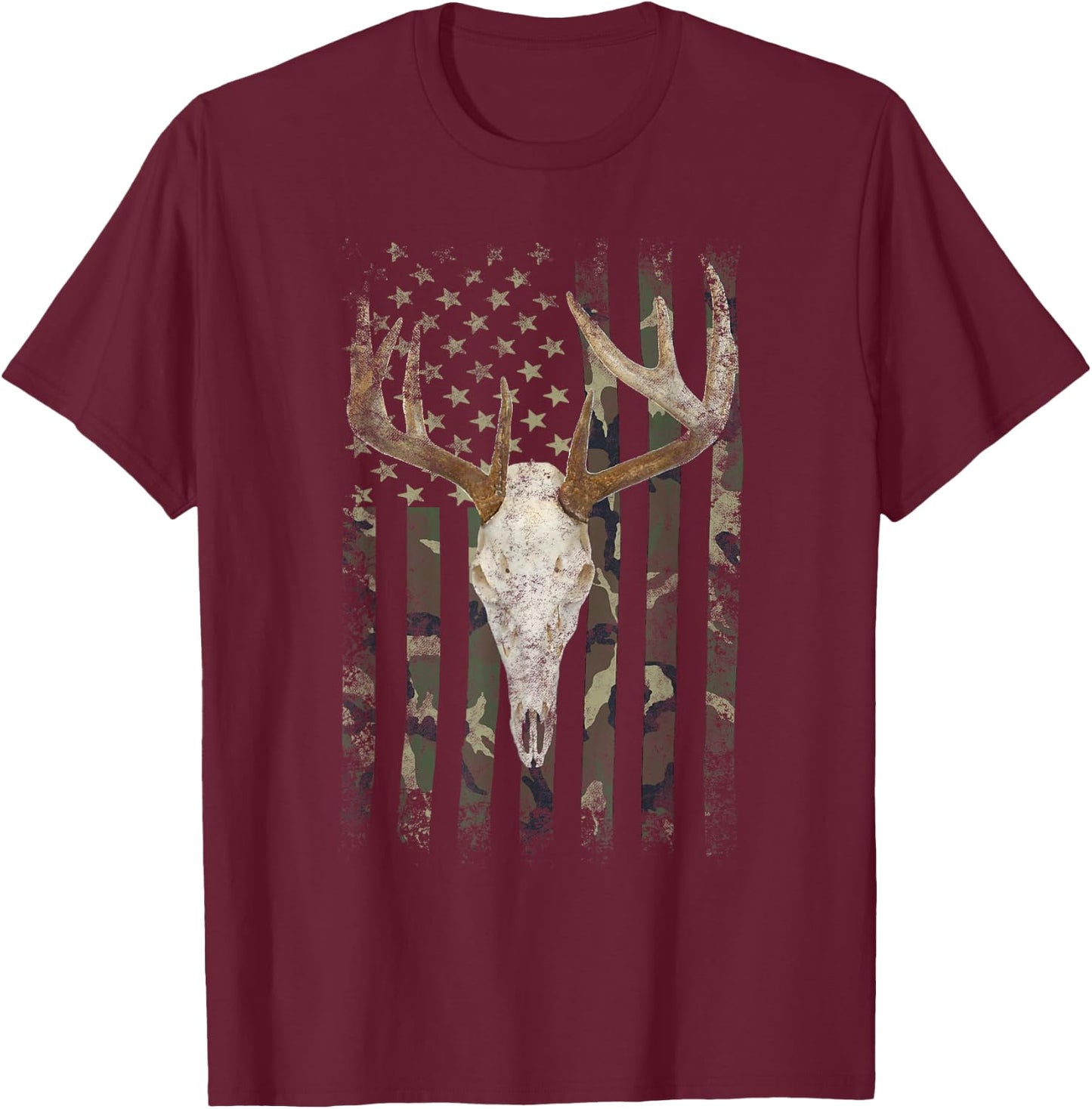 Deer Hunting Skull American Camo USA Flag Whitetail Buck T-Shirt - T-Shirt | Maroon