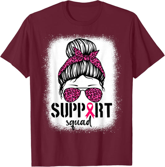 Support Squad Messy Bun Warrior Breast Cancer Awareness T-Shirt - T-Shirt | Maroon