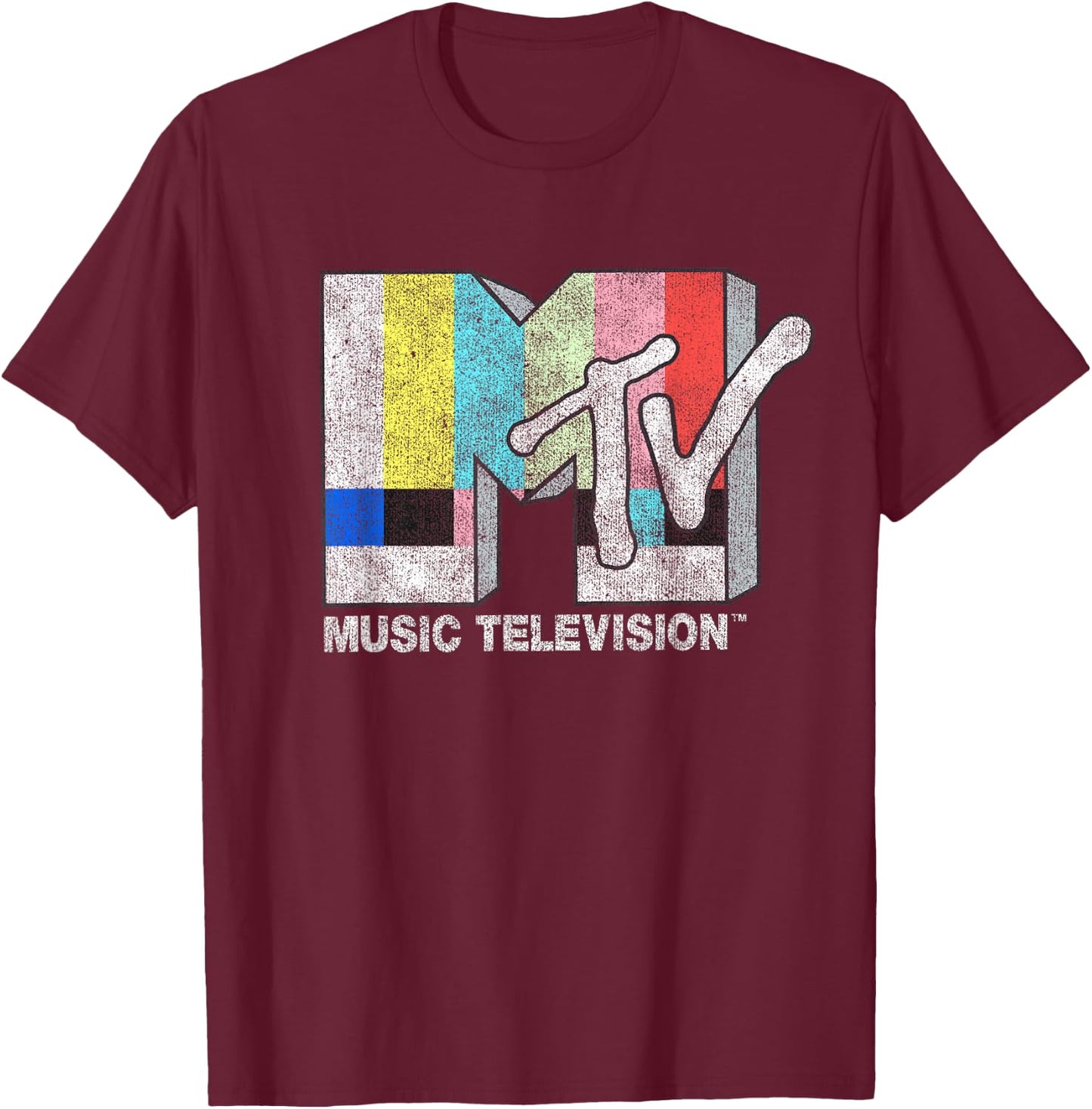 MTV Classic Fit Black - Vintage TV Signal Logo, 100% Cotton, Adult Short Sleeve T-Shirt - T-Shirt | Maroon