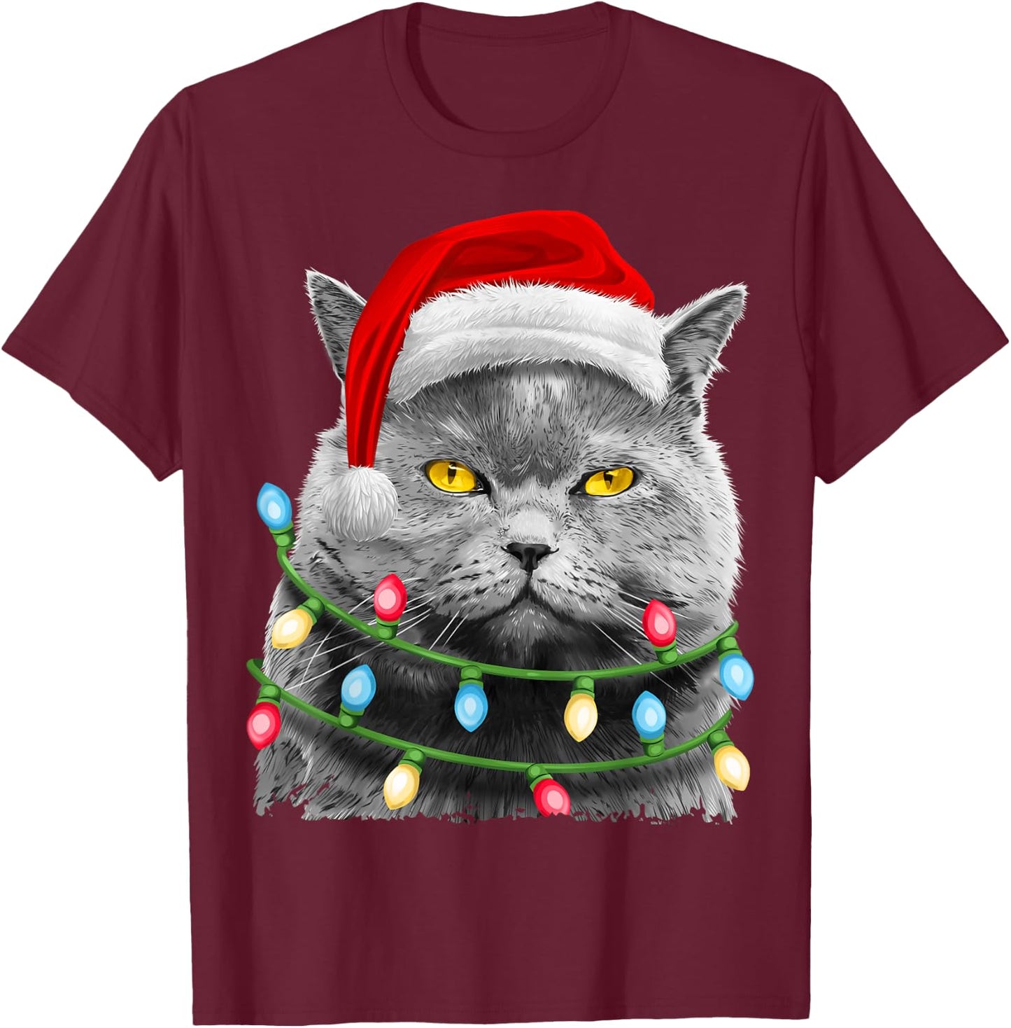 Cat Santa Christmas Tree Lights Xmas Girls Boys Meowy Catmas T-Shirt - T-Shirt | Maroon