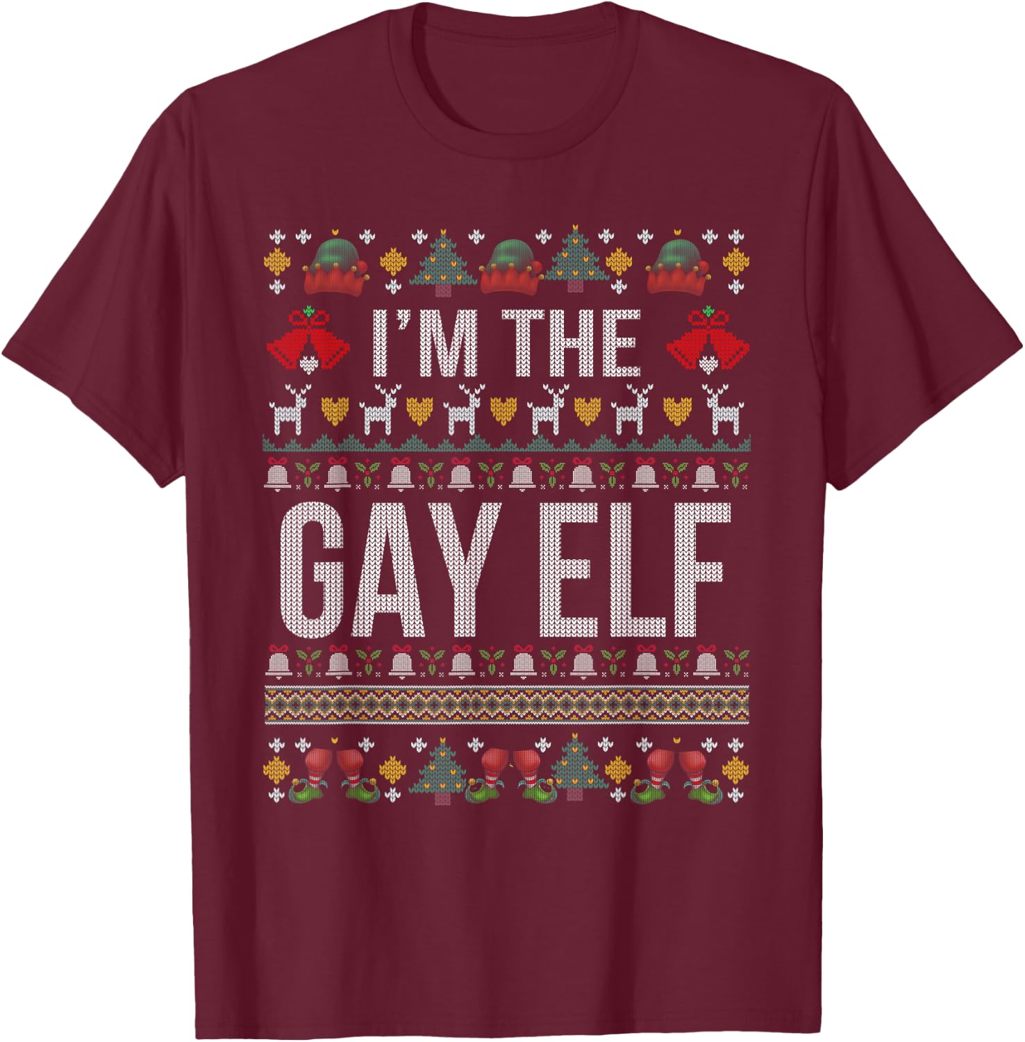 Gay Elf Ugly Christmas Sweater T-Shirt - T-Shirt | Maroon