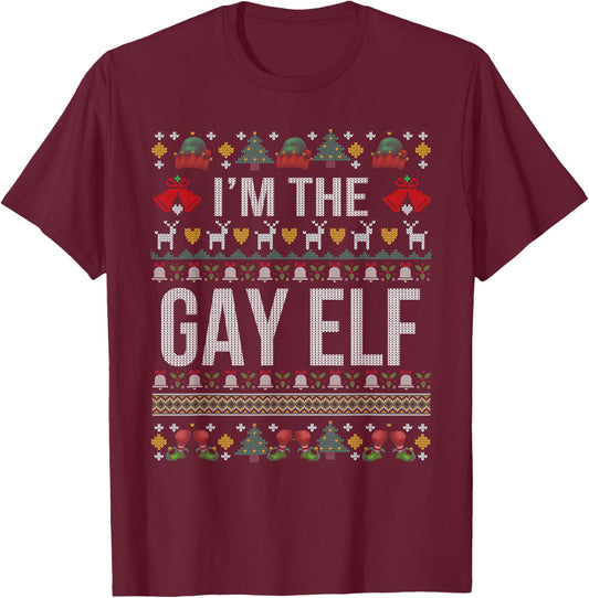 Gay Elf Ugly Christmas Sweater T-Shirt - T-Shirt | Maroon