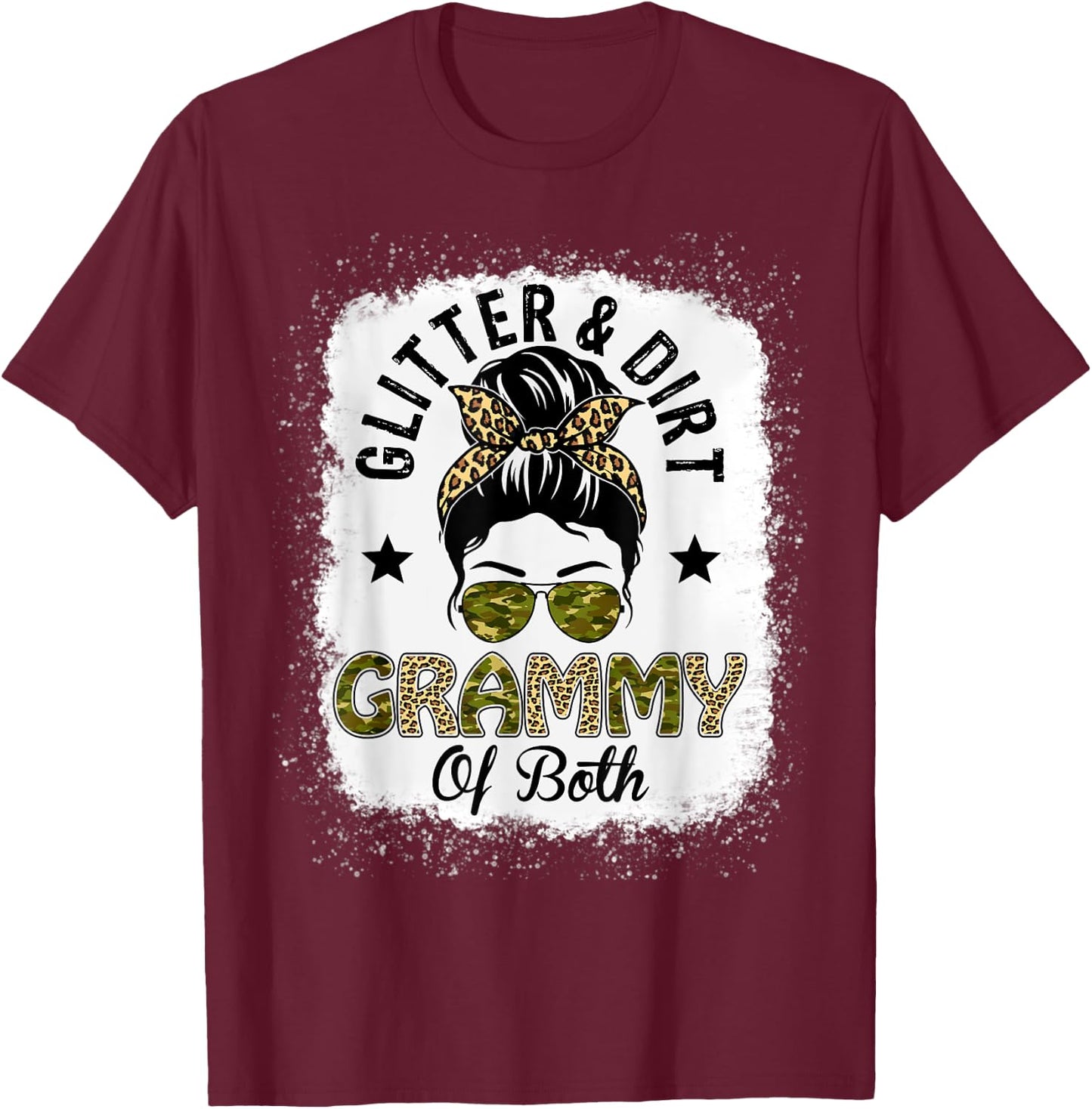 Grammy Of Both Messy Bun Leopard Camo Bleached Mother's Day T-Shirt - T-Shirt | Maroon