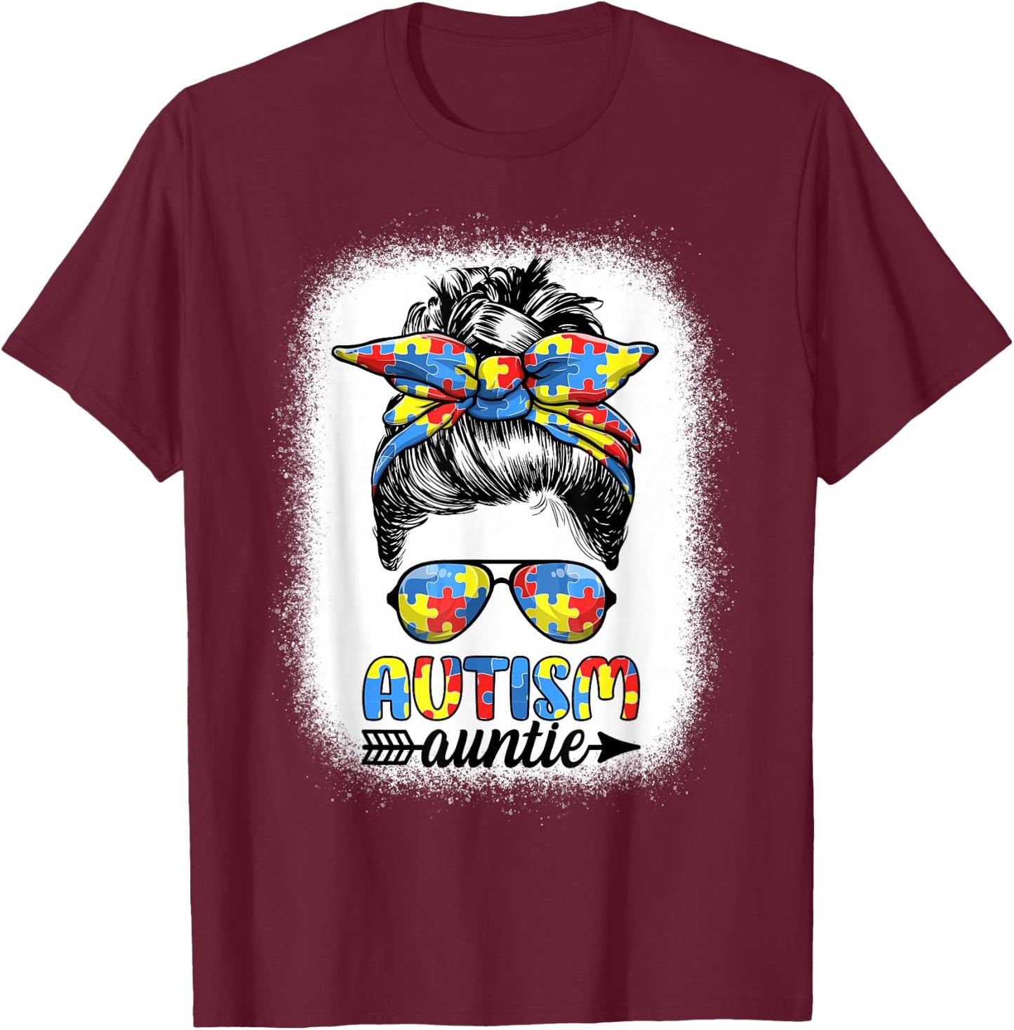 Autism Auntie Life - Messy Bun Autism Aunt Autism Awareness T-Shirt - T-Shirt | Maroon