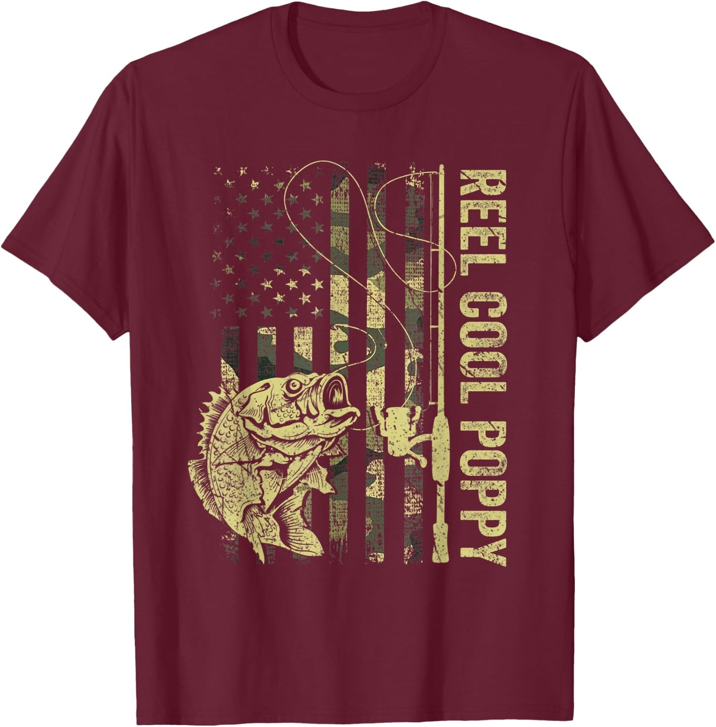 Reel Cool Poppy Camouflage American Flag Fathers Day T-Shirt - T-Shirt | Maroon