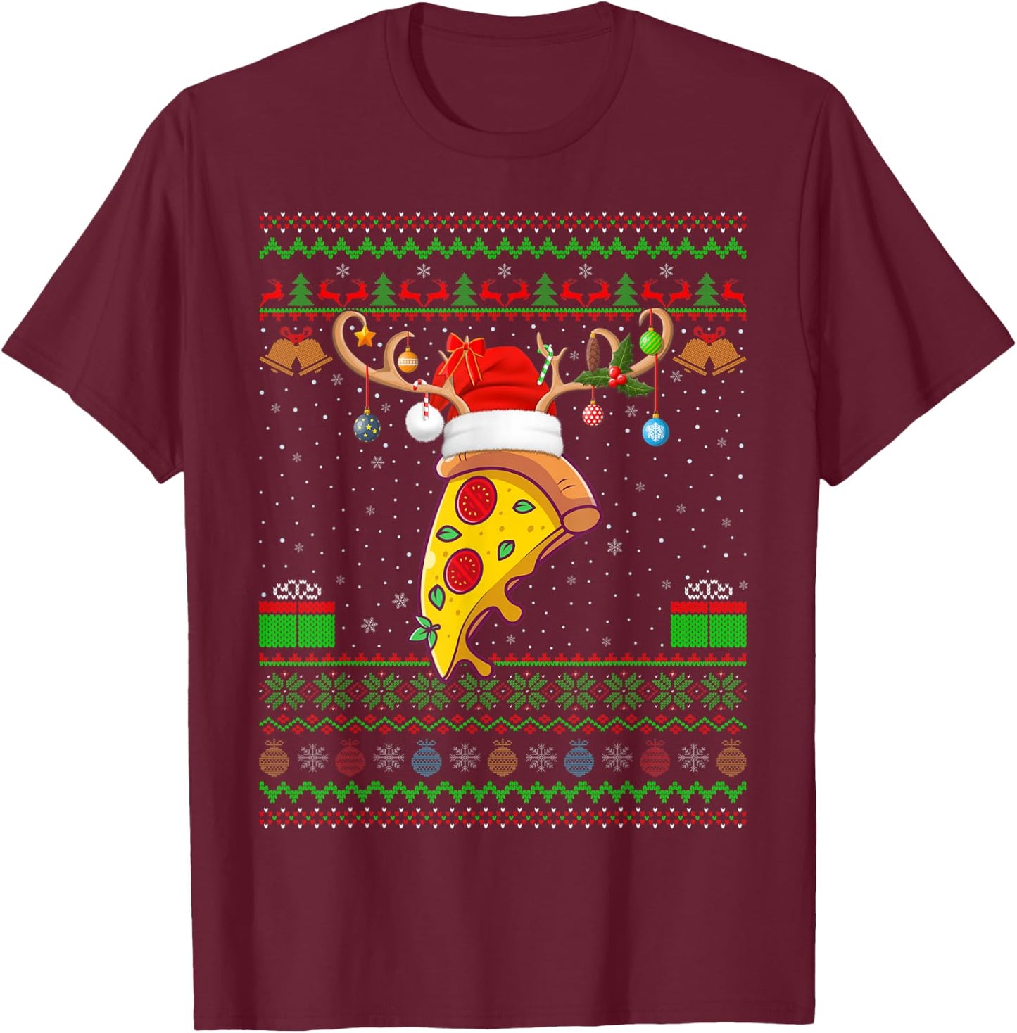 Pizza Lover Xmas Lighting Santa Ugly Pizza Christmas T-Shirt - T-Shirt | Maroon