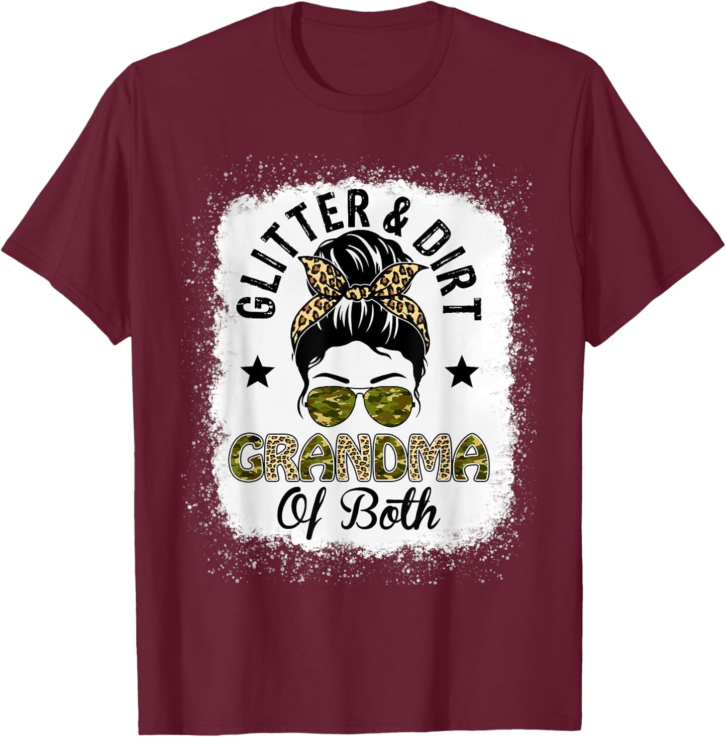 Grandma Of Both Messy Bun Leopard Camo Bleached Mother's Day T-Shirt - T-Shirt | Maroon