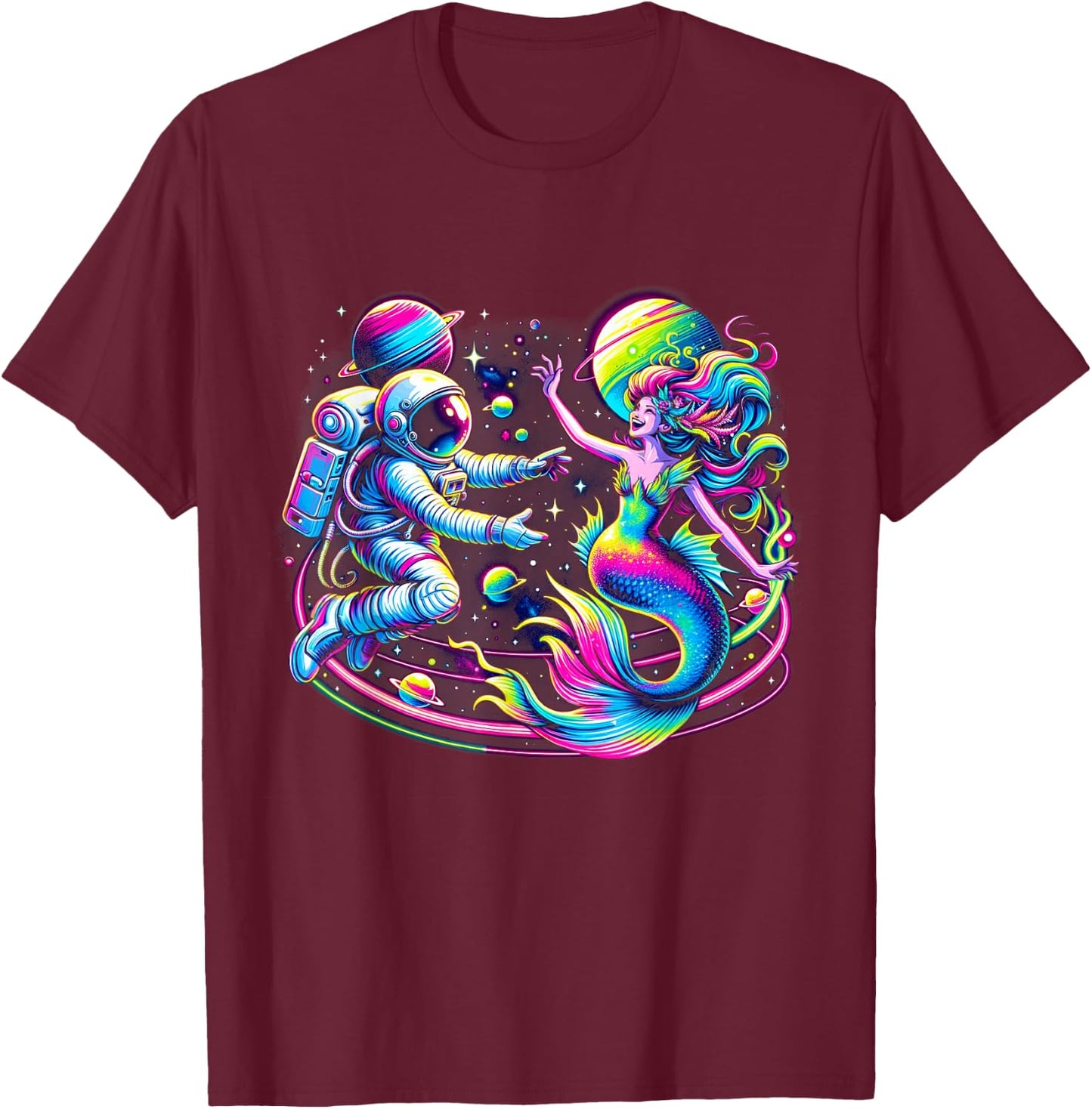 Cosmic Encounter - Astronaut Meets Space Mermaid Psychedelic T-Shirt - T-Shirt | Maroon