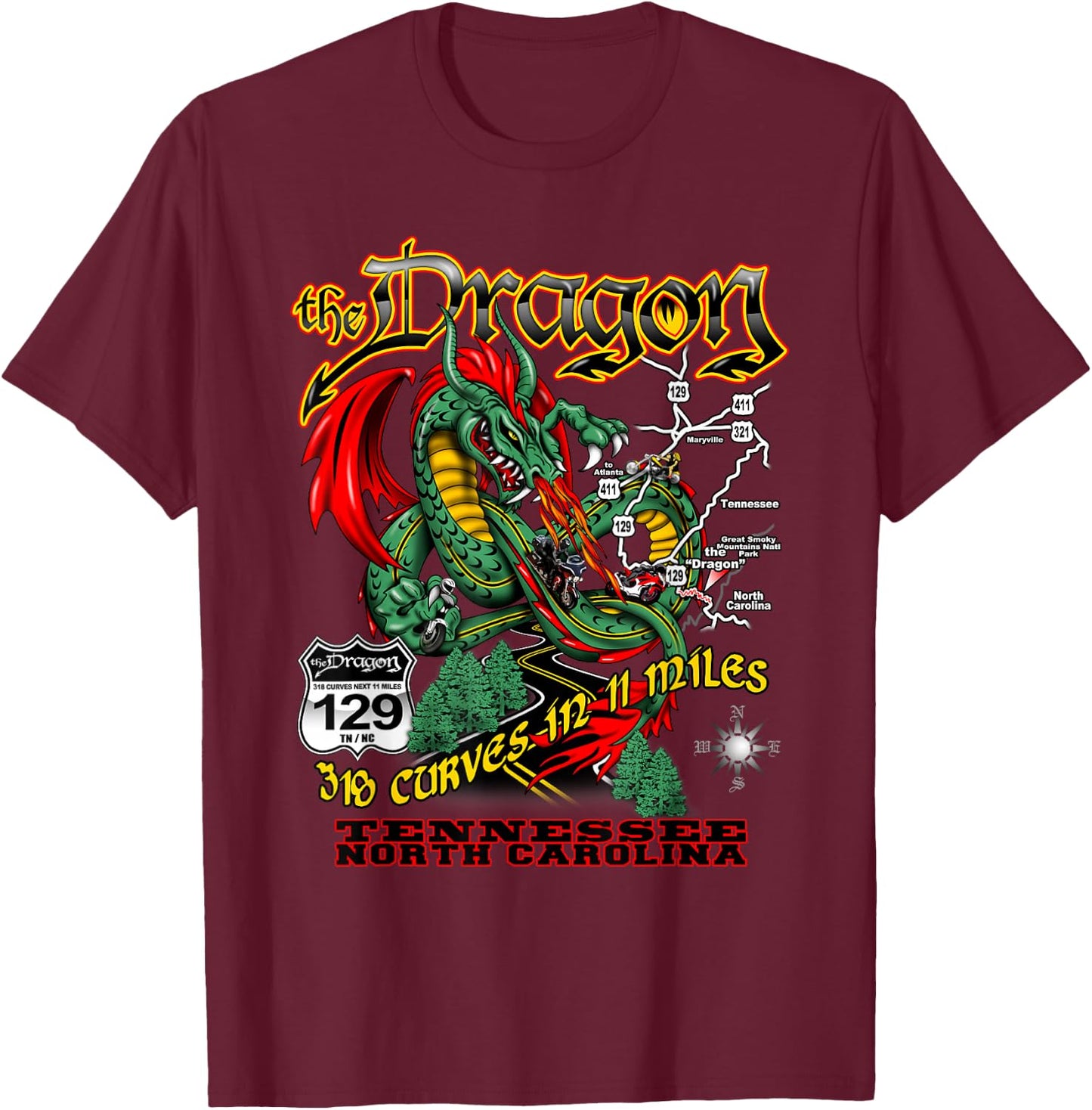 The Dragon 129 TN and NC USA 318 Curves 11 Miles T-Shirt - T-Shirt | Maroon