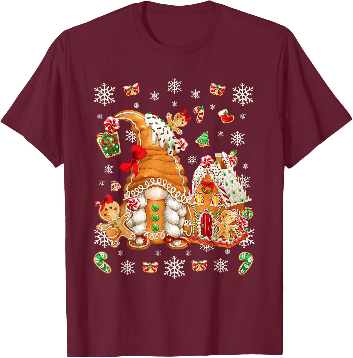 Cute Gingerbread House Decor with Christmas Gnome T-Shirt - T-Shirt | Maroon