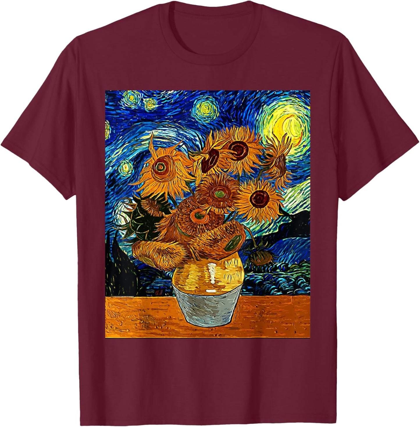 Vincent van Gogh Starry Night Sunflower Art Famous Painting T-Shirt - T-Shirt | Maroon