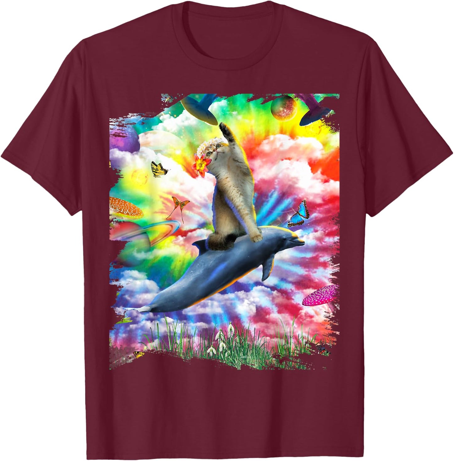 Cat Riding Dolphin Trippy Tie Dye T-Shirt - T-Shirt | Maroon