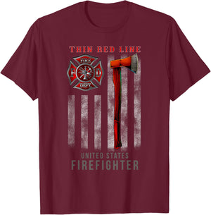 Red Thin Line Firefighter Axe And Flag Design T-Shirt - T-Shirt | Maroon