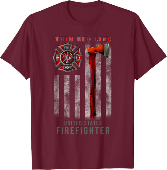 Red Thin Line Firefighter Axe And Flag Design T-Shirt - T-Shirt | Maroon