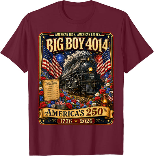 Vintage Big Boy 4014 Train 4th of July Retro US Flag T-Shirt - T-Shirt | Maroon