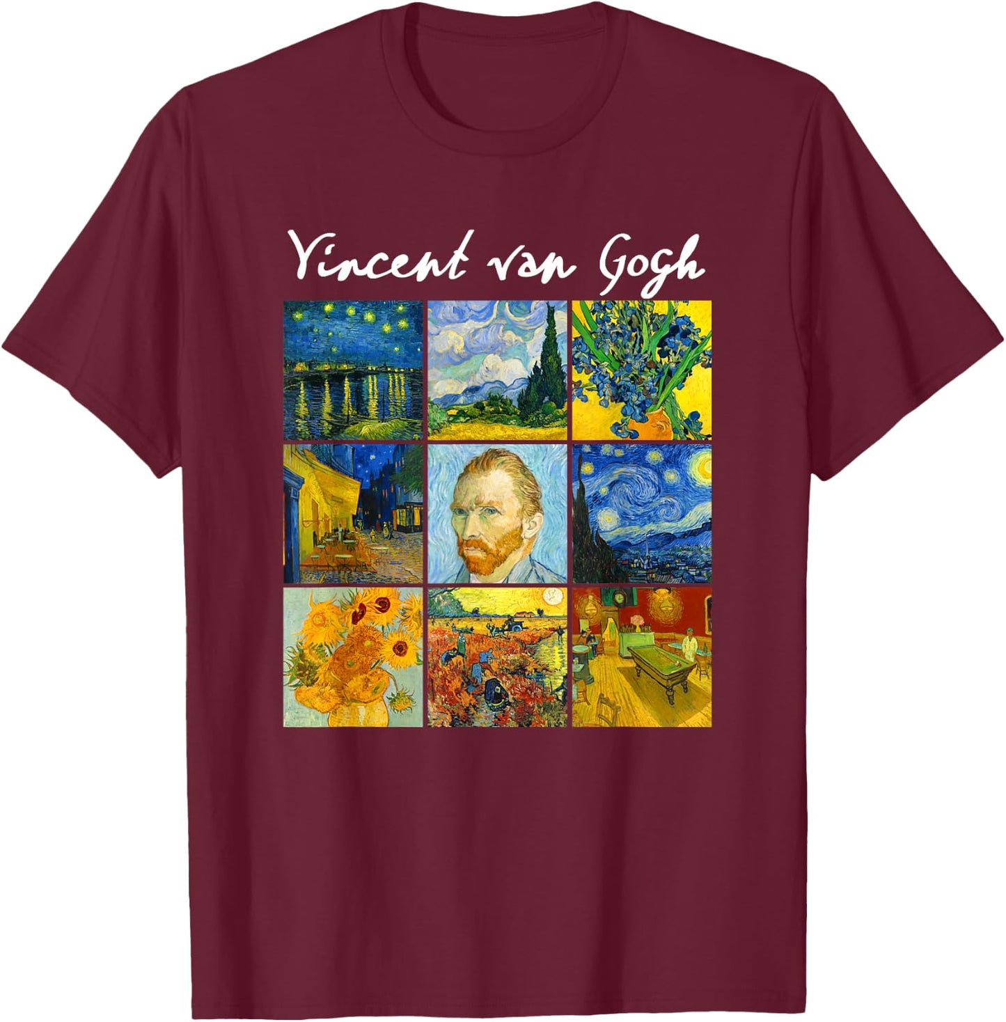 Famous Van Gogh Paintings Art Starry Night Flowers Portrait T-Shirt - T-Shirt | Maroon