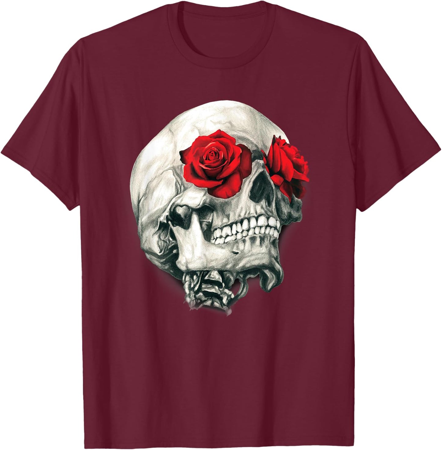 Skull Roses Shirt Cool Skulls Flowers Rockers Gift T-Shirt - T-Shirt | Maroon
