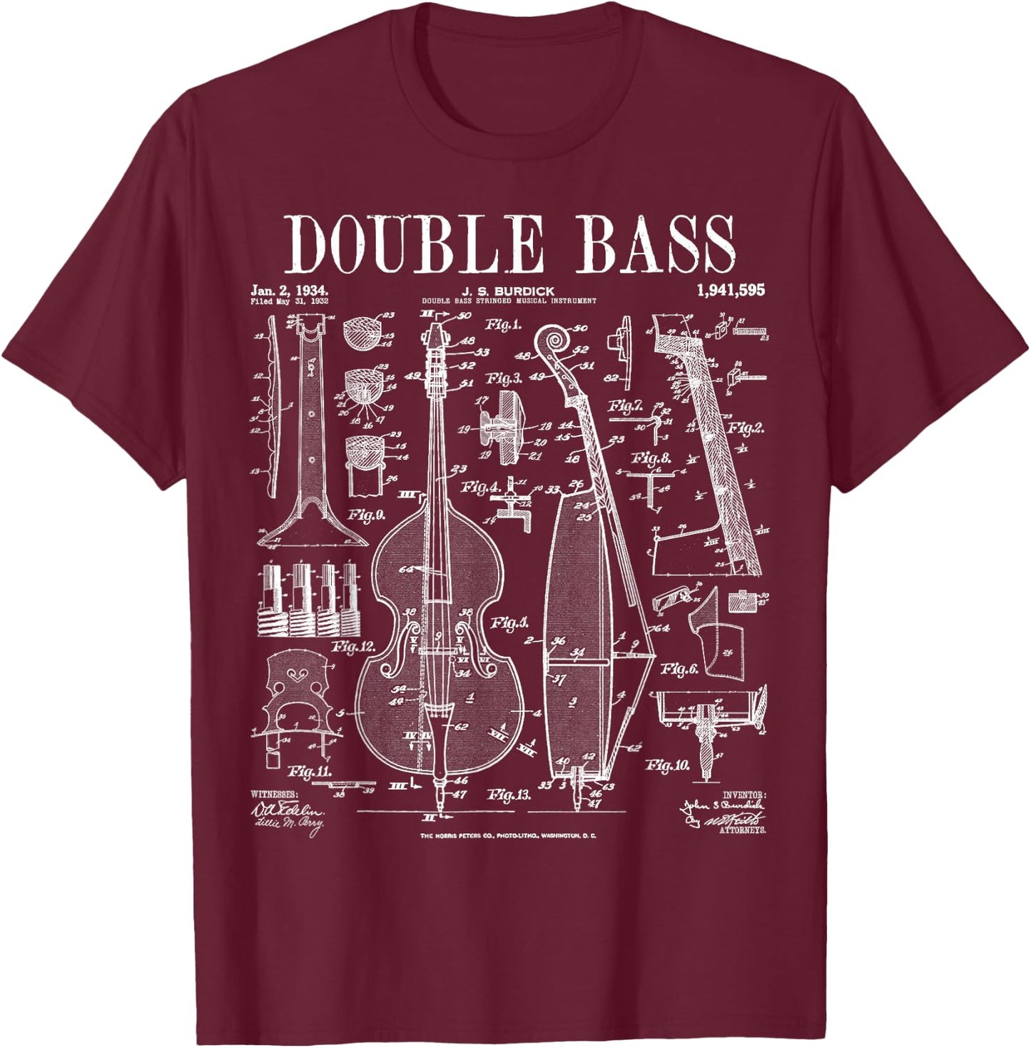 Double Bass Player Bassist Musical Instrument Vintage Patent T-Shirt - T-Shirt | Maroon