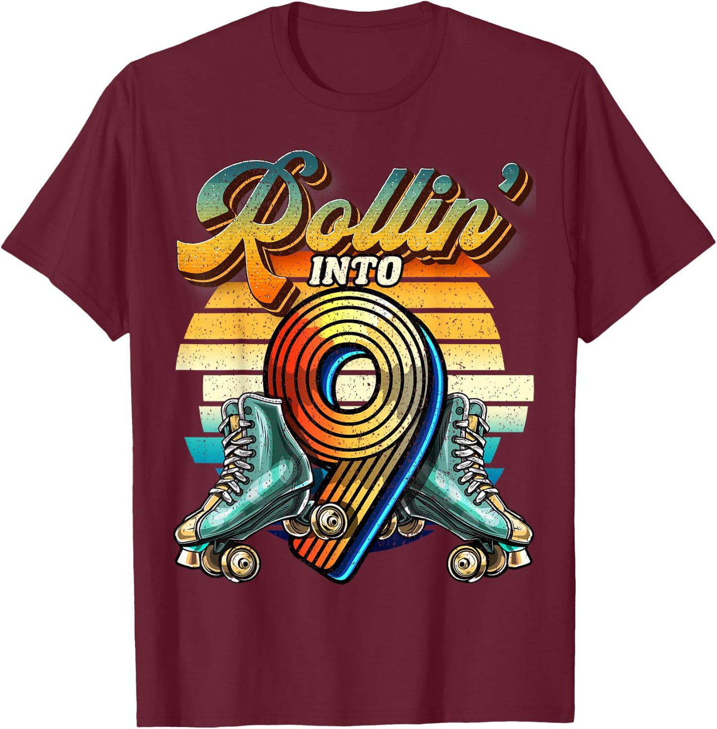 Rollin' into 9 Roller Skating Rink 9th Birthday Party Girls T-Shirt - T-Shirt | Maroon