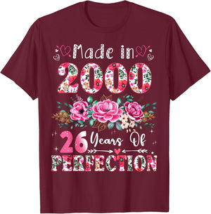 26 Year Old Made in 2000 Floral 26th Birthday Women T-Shirt - T-Shirt | Maroon