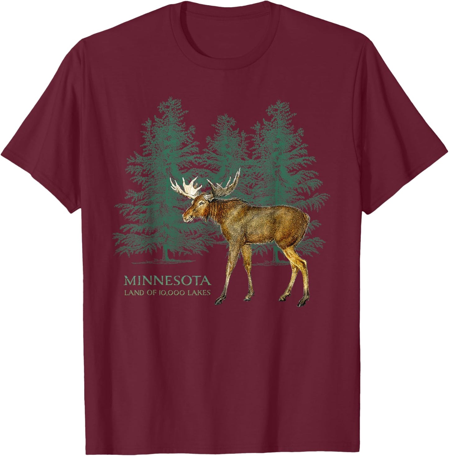 Minnesota Land of 10,000 Lakes Vintage Moose Tree Silhouette T-Shirt - T-Shirt | Maroon