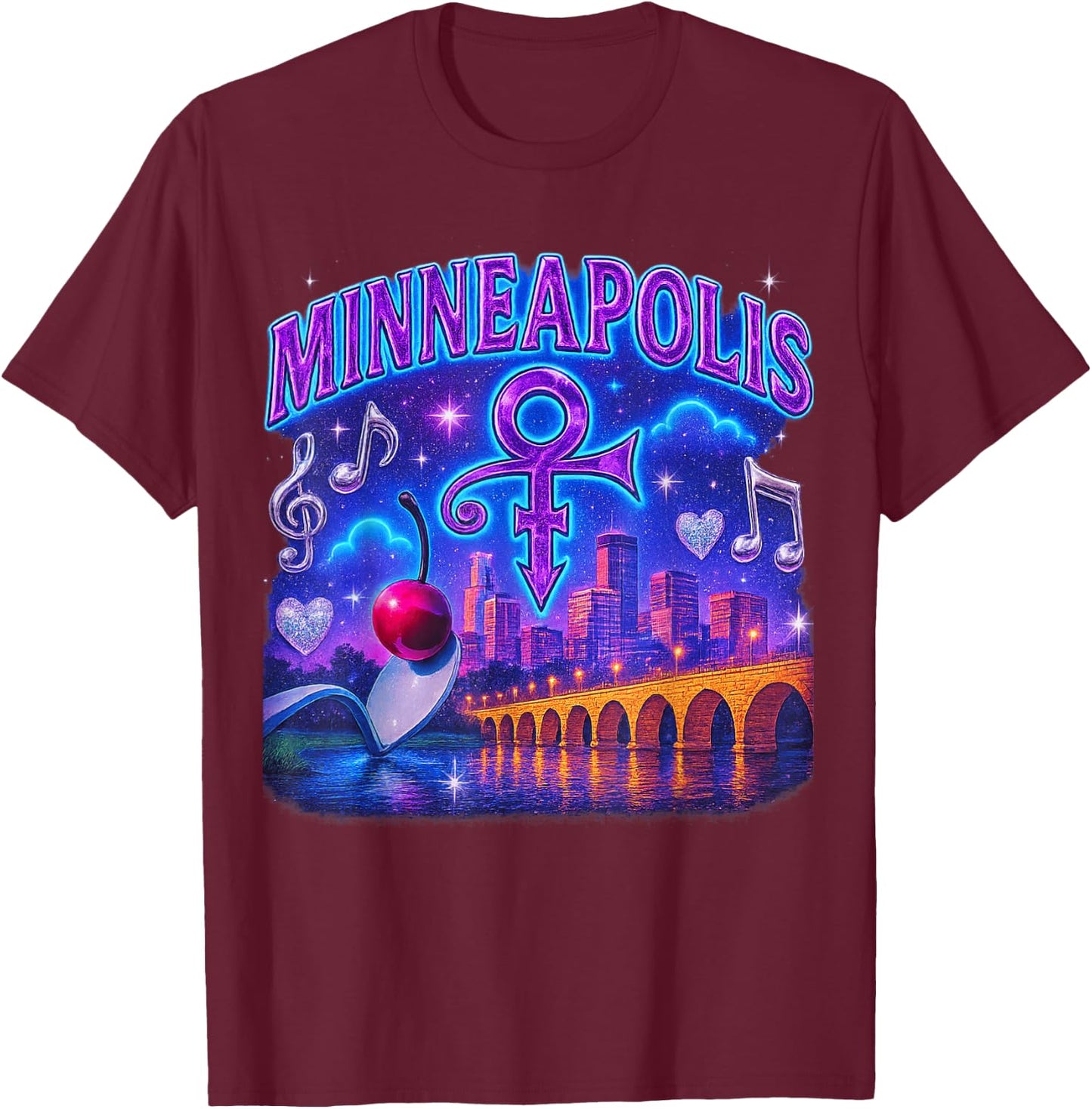 Minneapolis Retro Bootleg Skyline Spoonbridge Artwork T-Shirt - T-Shirt | Maroon