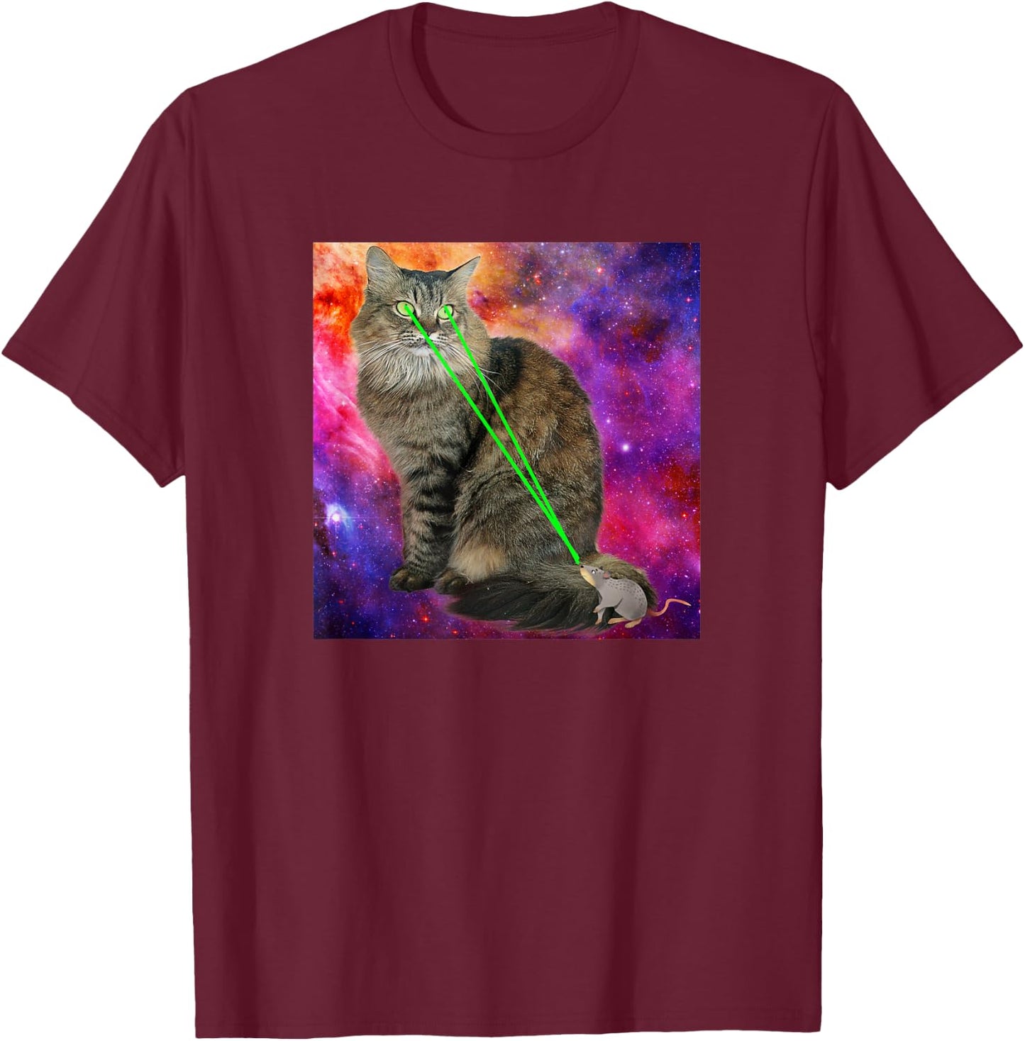Cute Kitty Cat With Laser Beam Eyes Galaxy Background Men Women T-Shirt - T-Shirt | Maroon