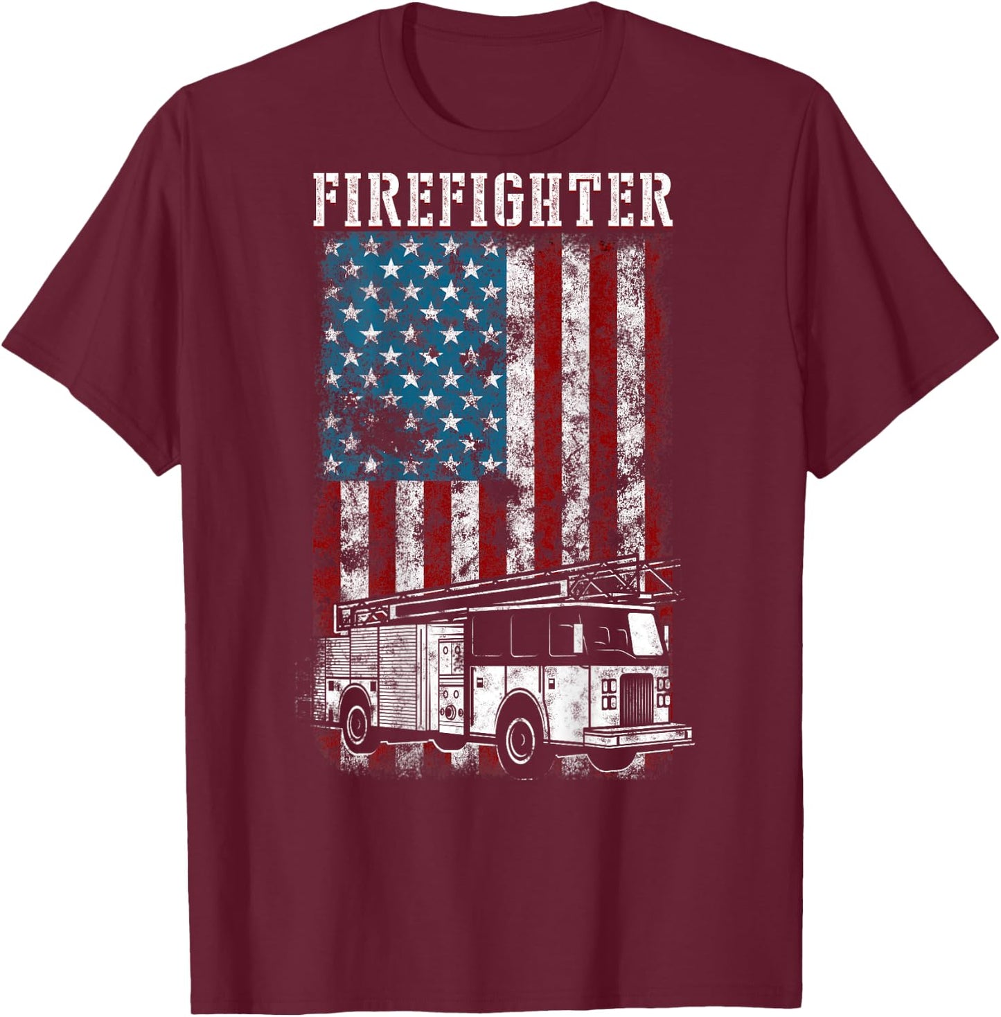 Fireman fire truck Distressed Firefighter American Flag T-Shirt - T-Shirt | Maroon