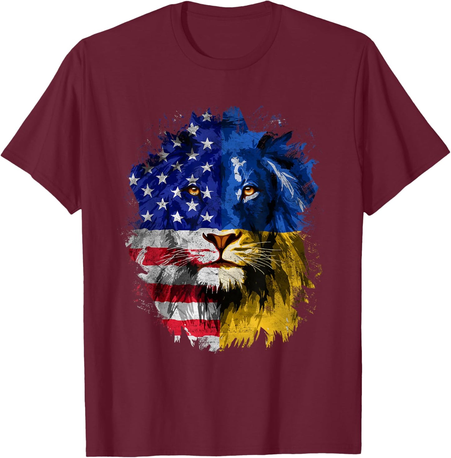 Ukrainian American Flag Ukraine Lion Face USA Ukraine Flag T-Shirt - T-Shirt | Maroon